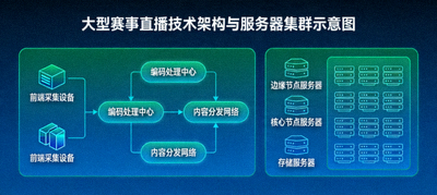 大型赛事直播技术架构与服务器集群示意图，体现小鸟体育分布式架构与智能负载均衡
